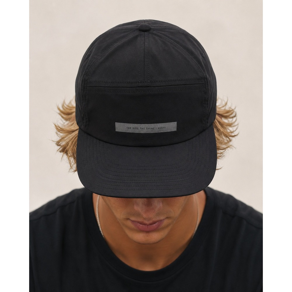 Vuori Run Cap Black 5 Panel Performance Hat Reflective Logo Unisex